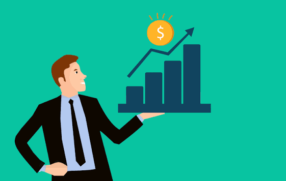 Ilustração de empresário segurando gráfico de barras em alta com moeda de dólar, sobre fundo verde
